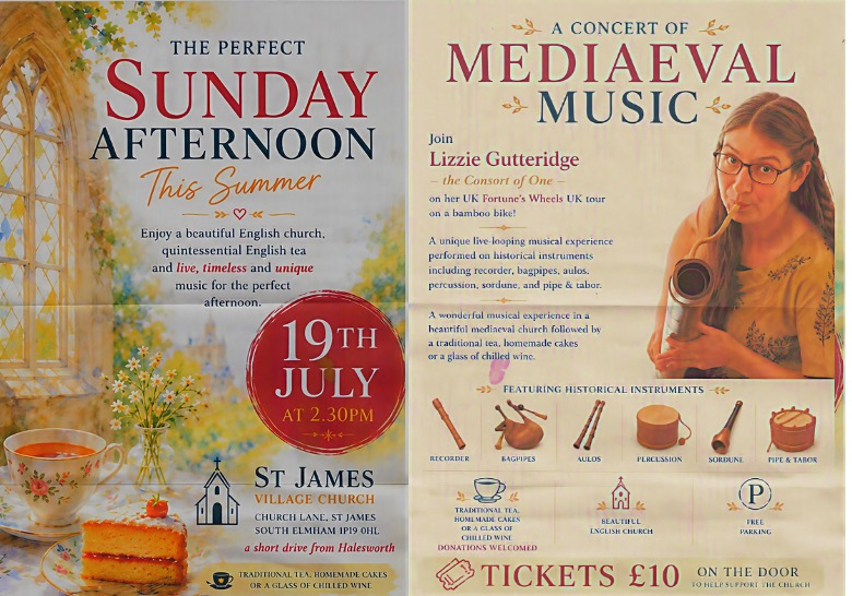 Concert of Mediaeval Music: Join Lizzie Gutteridge, the Consort of One, on her Fortune's Wheels UK tour on a bamboo bike!
A unique live-looping musical experience performed on historical instruments including recorder, bagpipes, aulos, percussion, sordune, and pipe & tabor.
A wonderful musical experience in St James, our beautiful medieval church, followed by tea and homemade cakes Concert of Mediaeval Music: Join Lizzie Gutteridge, the Consort of One, on her Fortune's Wheels UK tour on a bamboo bike!
A unique live-looping musical experience performed on historical instruments including recorder, bagpipes, aulos, percussion, sordune, and pipe & tabor.
A wonderful musical experience in St James, our beautiful medieval church, followed by tea and homemade cakes